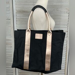 VICTORIA'S SECRET Large Canvas Tote Bag Black w Rose Gold Trim